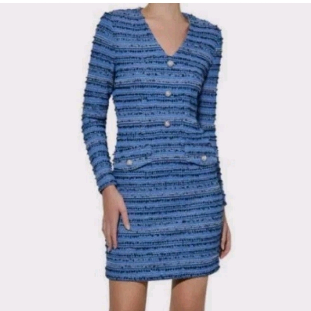 Ming Wang Tweed Sheath Dress M Blue Long Sleeve Pearl Button